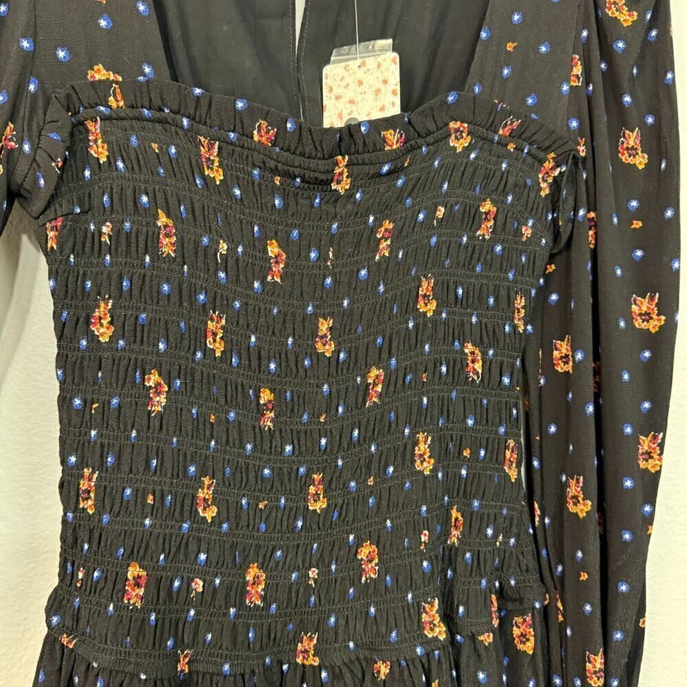 Free People Women Two Faces Mini Dress Square Neckline Floral Black Multi XS - Picture 5 of 14